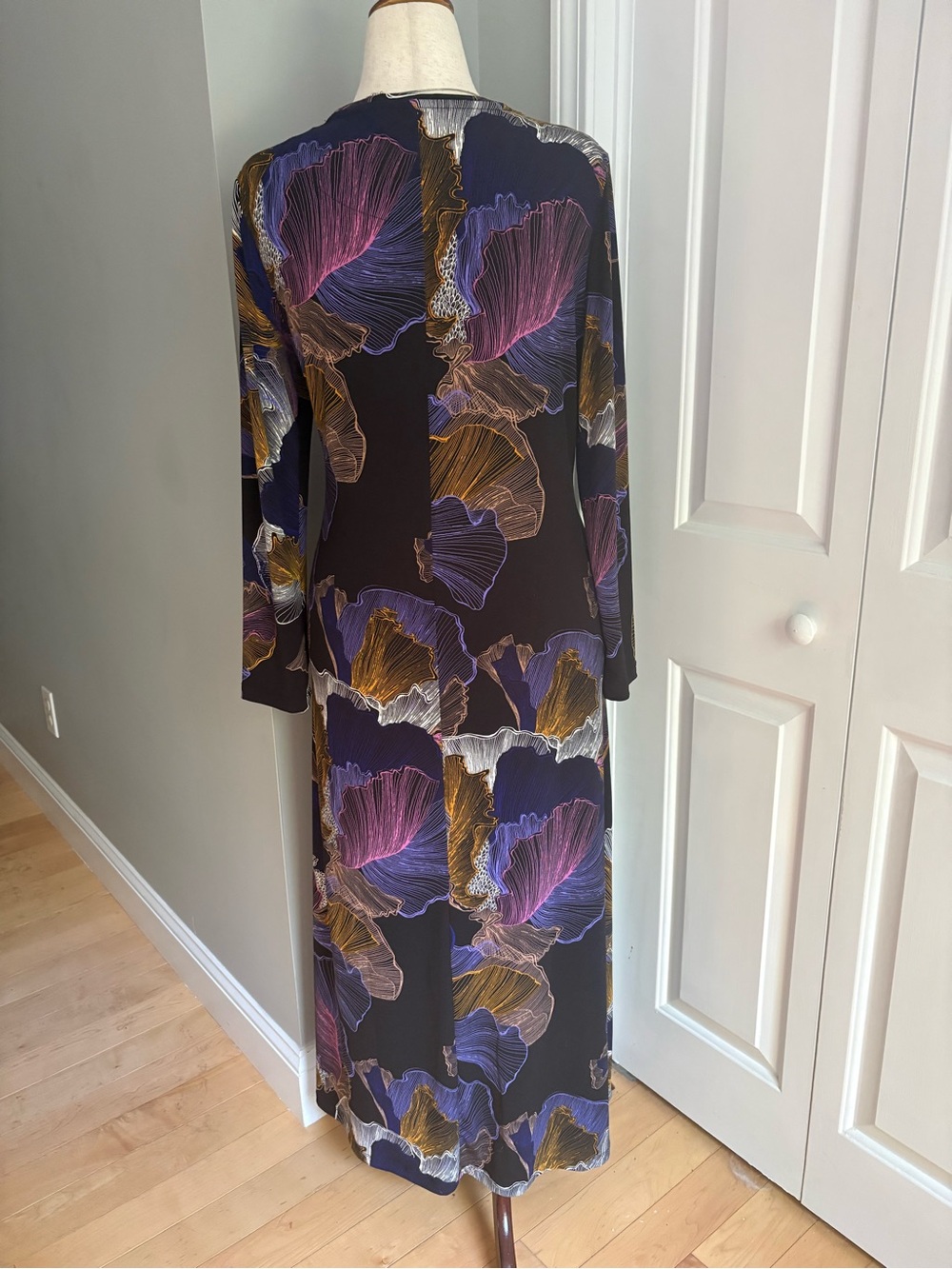 Chico's Black Long Sleeve Floral Maxi Dress with Purple & Gold Accents - Picture 6 of 10